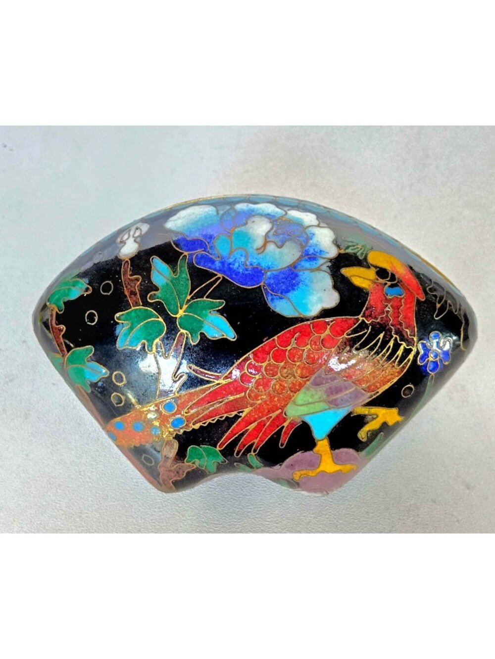 Hand-Painted Cloisonné Trinket Box With Floral & Bird Motif Black & Blue Gold Ac